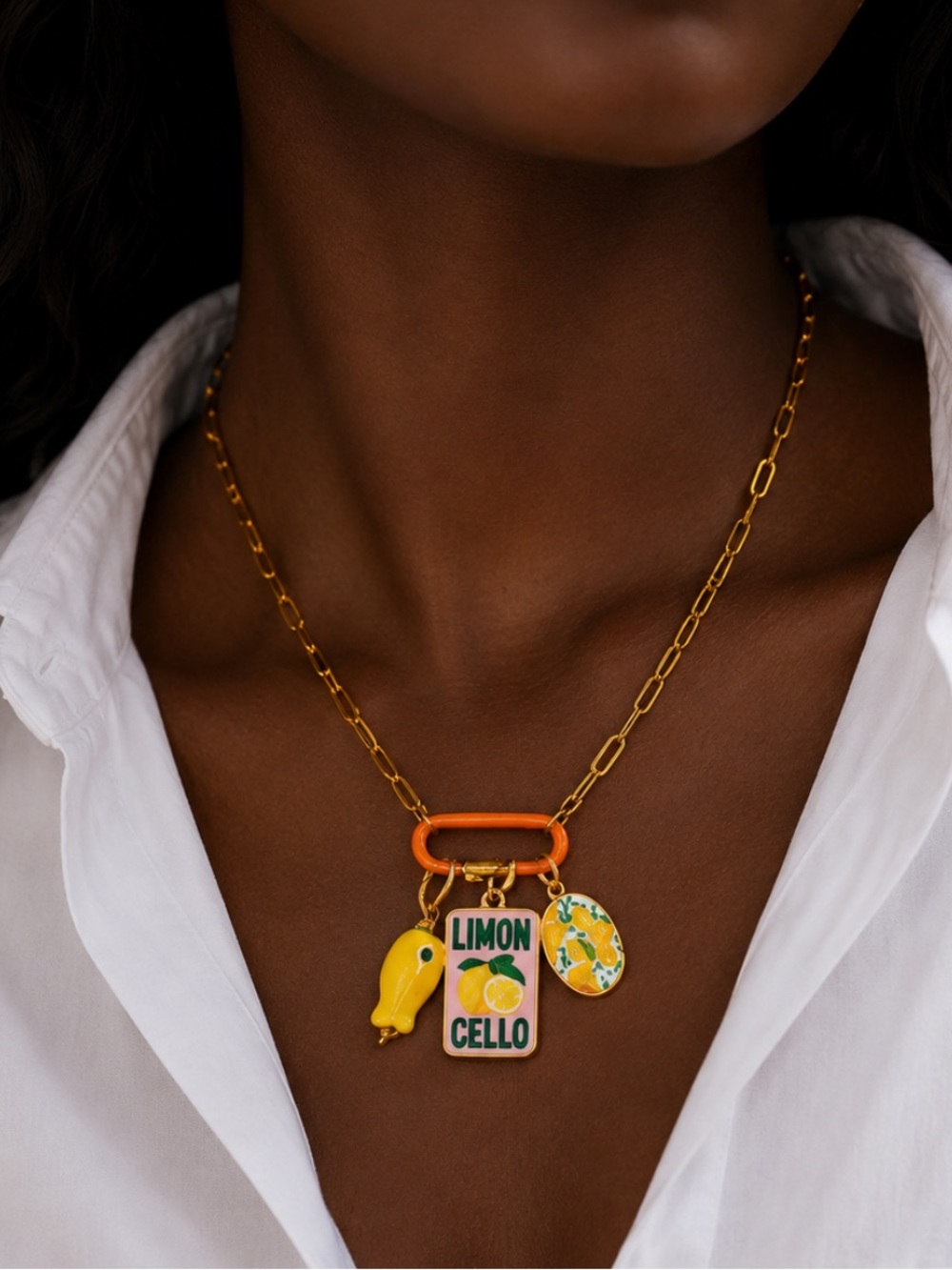 New! Coastal 18K Gold Plated Lemon Limon Cello Carabiner Necklace NWOT 3024